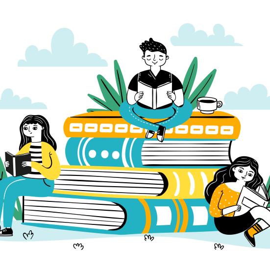 Tegning af folk der læser